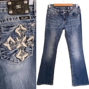 Miss Me Jeans Signature Boot Medium Wash Crystal Leather Cross Pocket Size 29